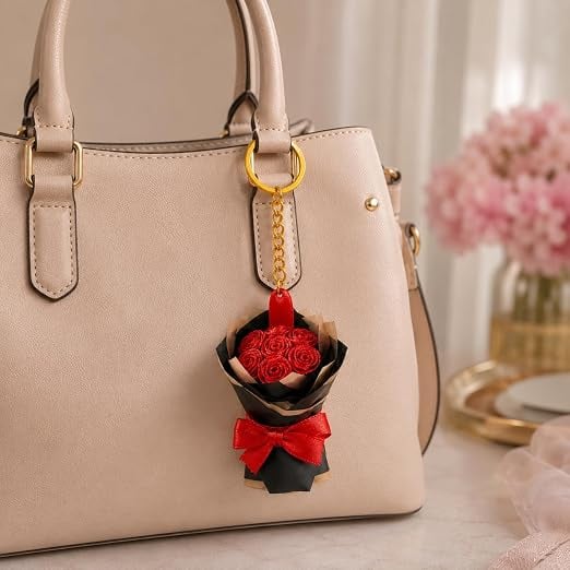 Rose Bouquet Keychain Handmade Paper Flower Keyring for Girls Women | Aesthetic Cute Floral Bag Charm Car Key Holder Romantic Gift for Birthday Anniversary Valentine (Pack of 1) — view 1 of 5